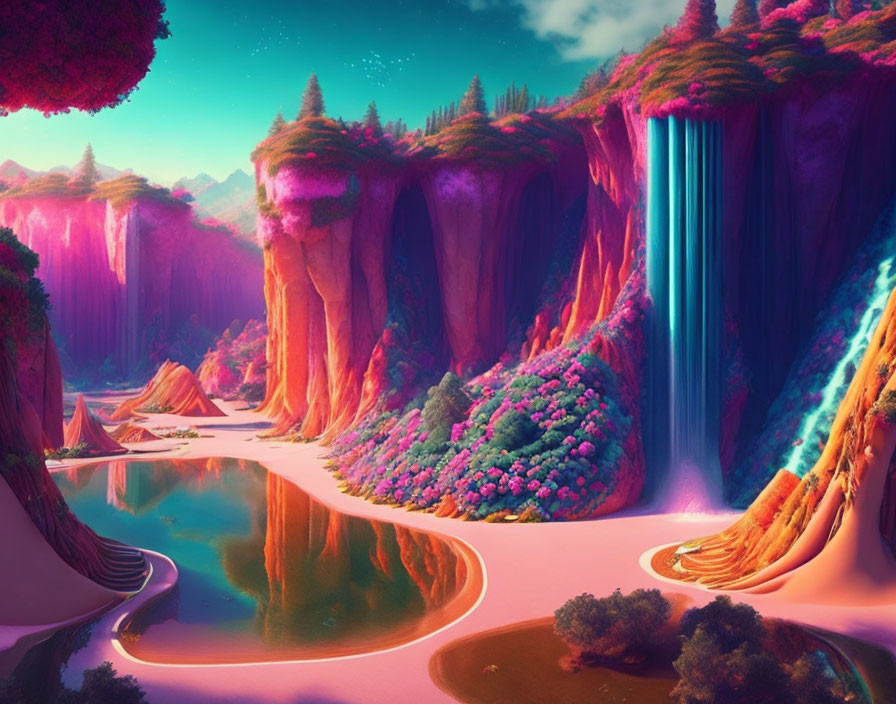 Colorful fantasy landscape with pink waterfall, river, and vibrant flora