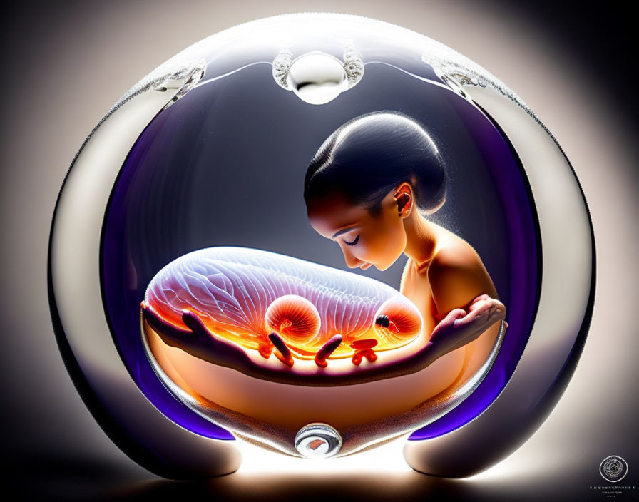 Woman cradling glowing jellyfish in futuristic illuminated chamber