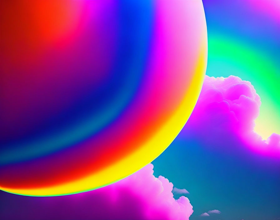 Colorful Abstract Art: Large Multicolored Sphere with Pink and Blue Clouds