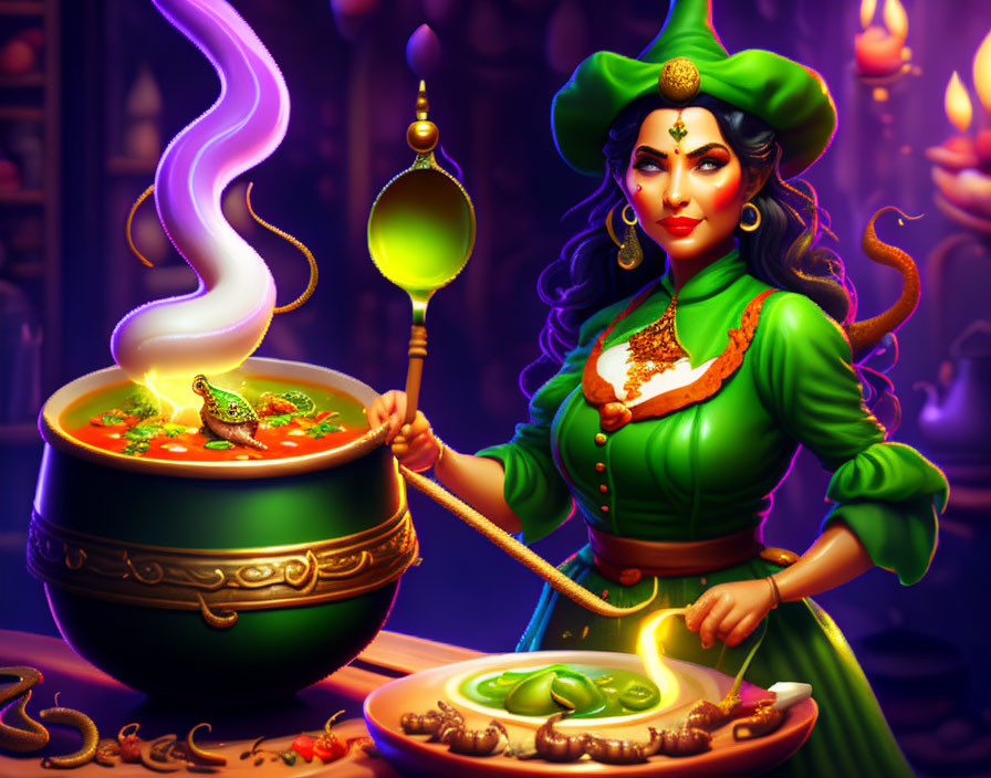 Digital illustration: Woman with dramatic makeup stirring cauldron, snake in bowl, candles backdrop