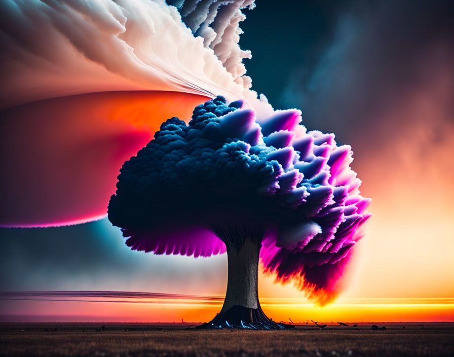 Vivid surreal tree with fluffy blue and purple canopy under dramatic sunset sky