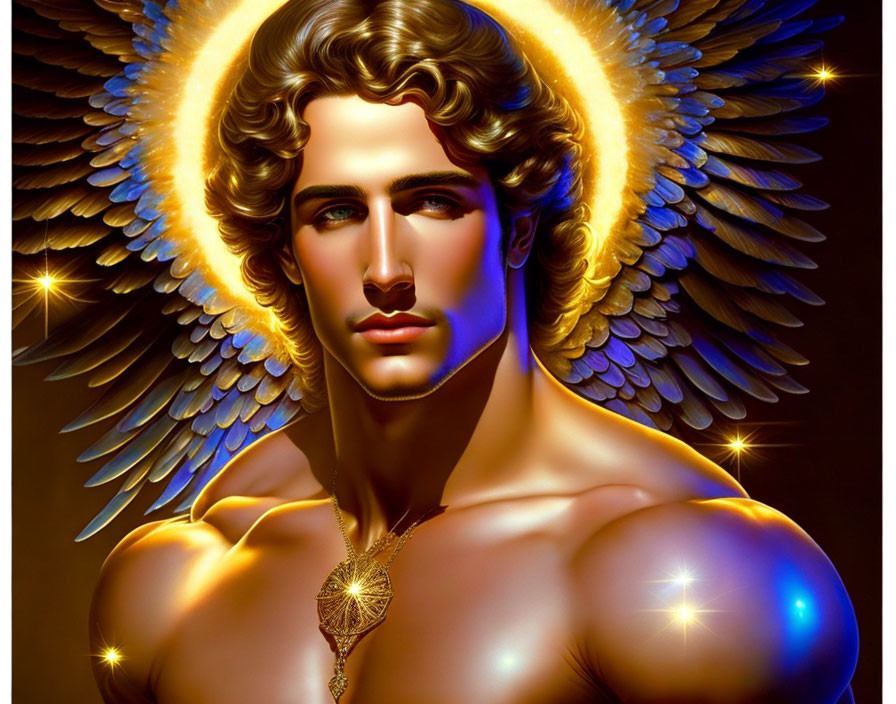 Male angel digital art: golden wings, halo, muscular, pendant, dark background