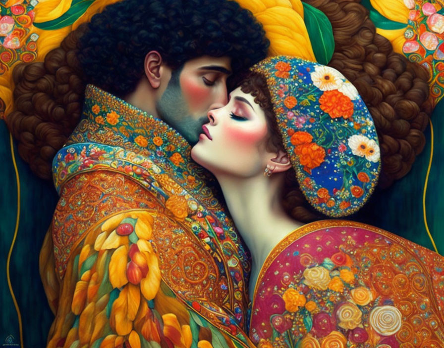 Colorful Illustration of Man and Woman Embracing with Floral Patterns