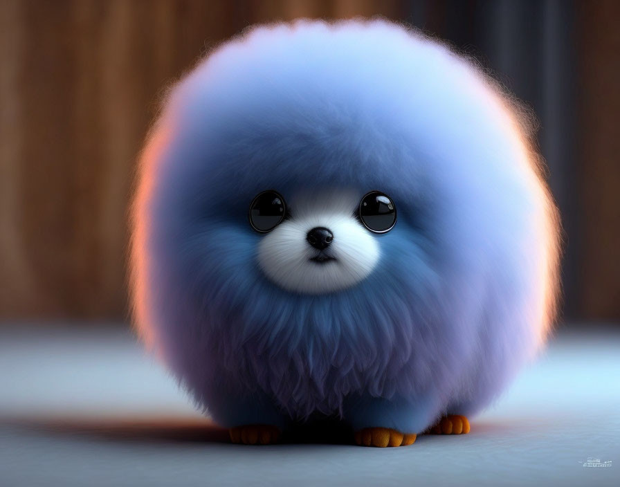 Fluffy blue creature with big eyes and tiny paws