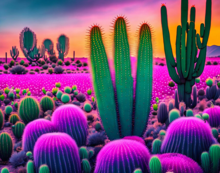 Colorful desert sunset with tall saguaros and purple barrel cacti.