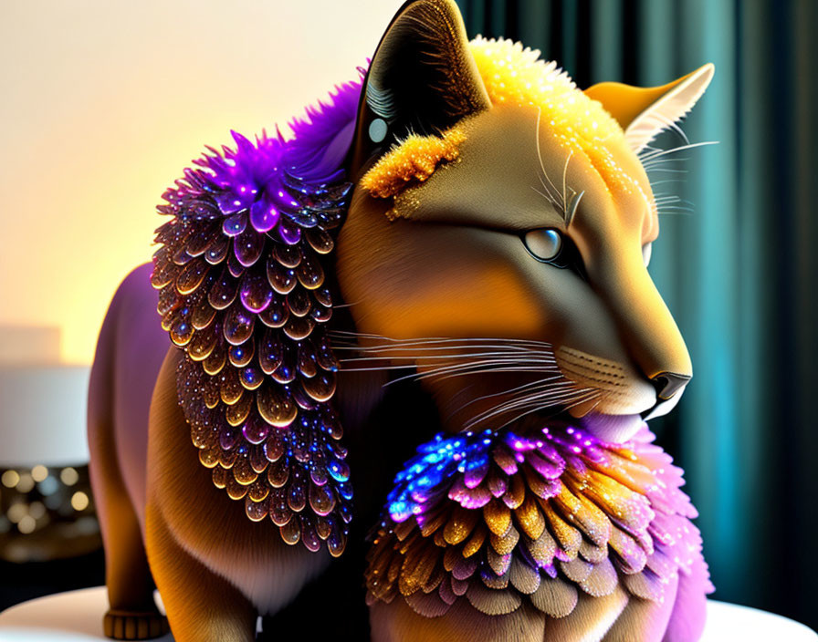 Regal cat digital illustration with golden fur and purple feathers