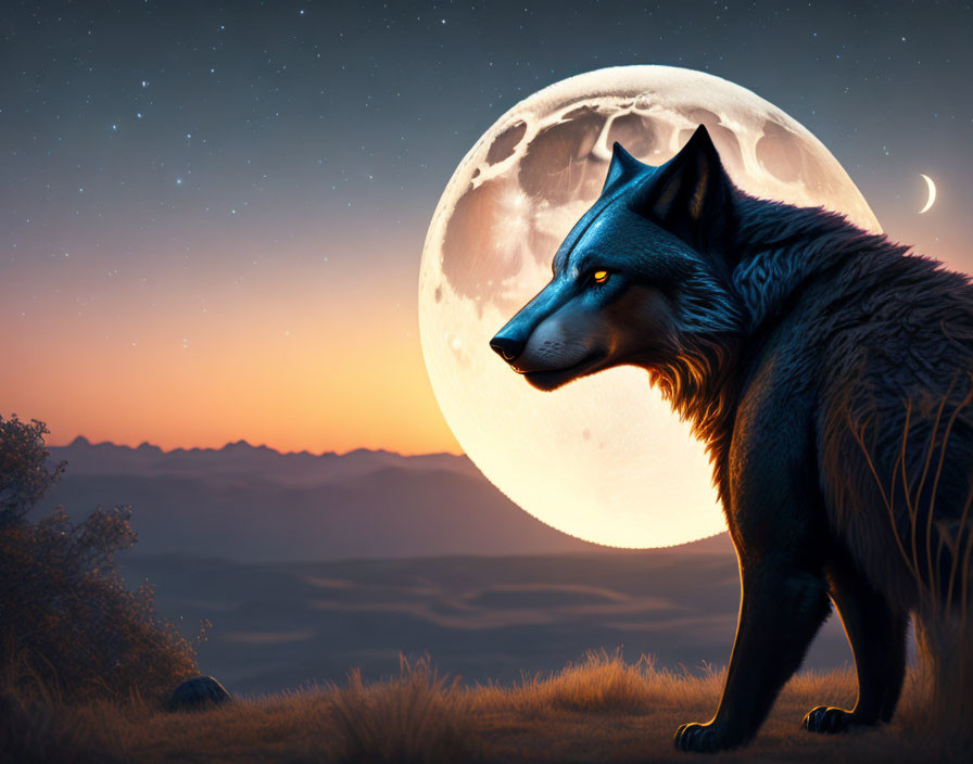 Wolf on hill at twilight with full moon and starry sky overlooking mountains