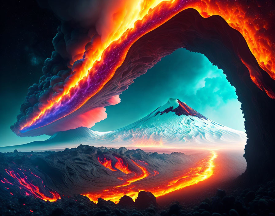 Surreal volcanic landscape with lava, starry sky, molten rock arch, and snow-c