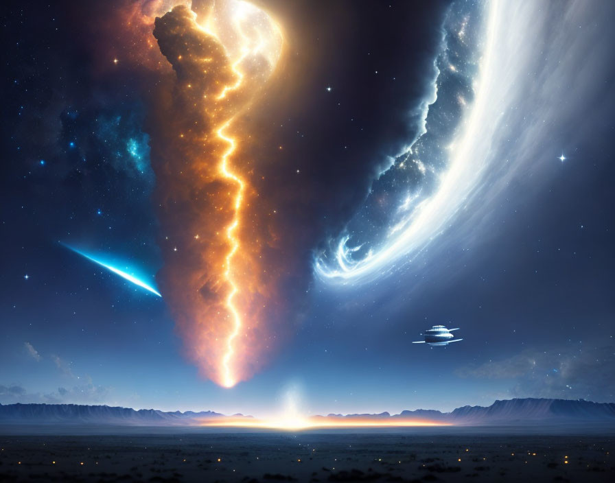 Fantastical space scene with fiery nebula, galaxy, comet, and alien spacecraft