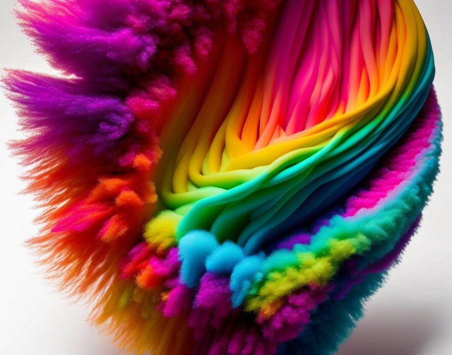 Multicolored fluffy paper forms in wavelike pattern with rainbow gradient.