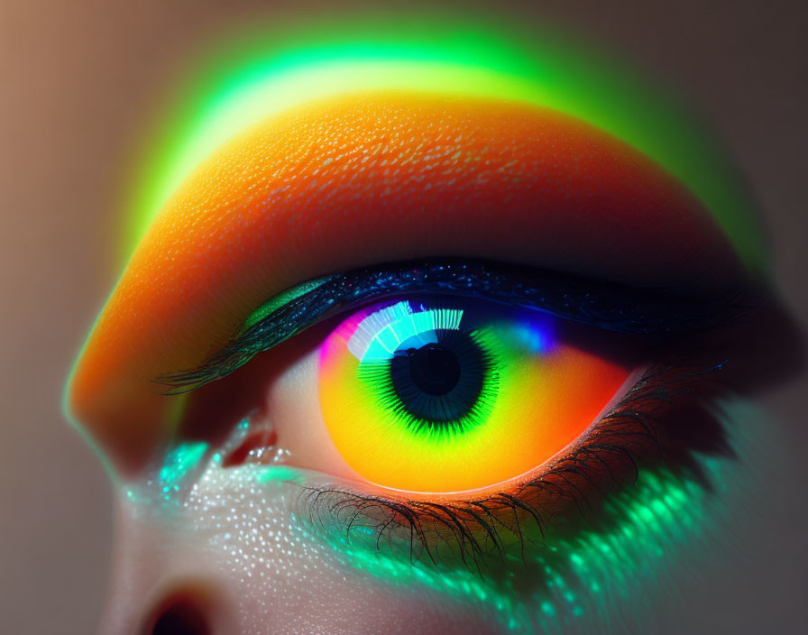 Rainbow colors reflected on eye with accentuated eyelashes