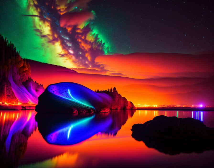 Majestic Aurora Borealis Reflecting in Lake at Dusk