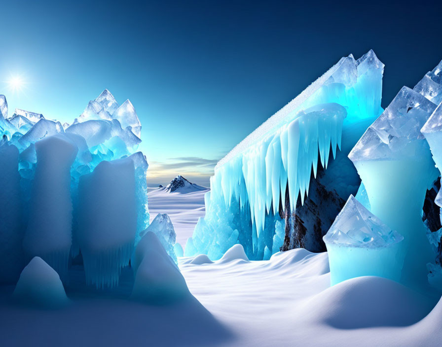 Vibrant blue ice formations under clear sky with distant mountain.