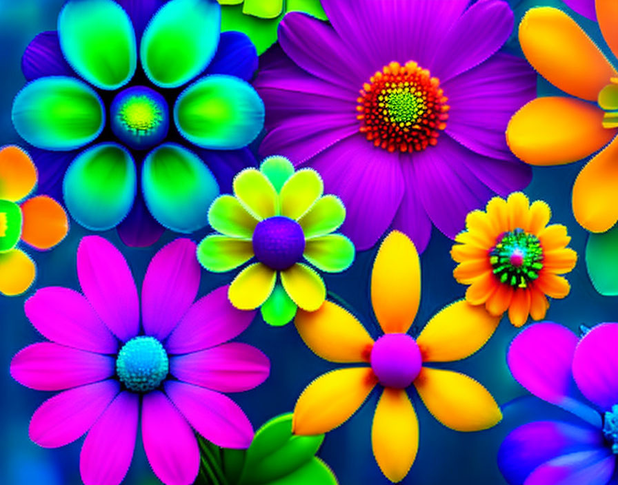 Colorful geometric flower collection on blue backdrop