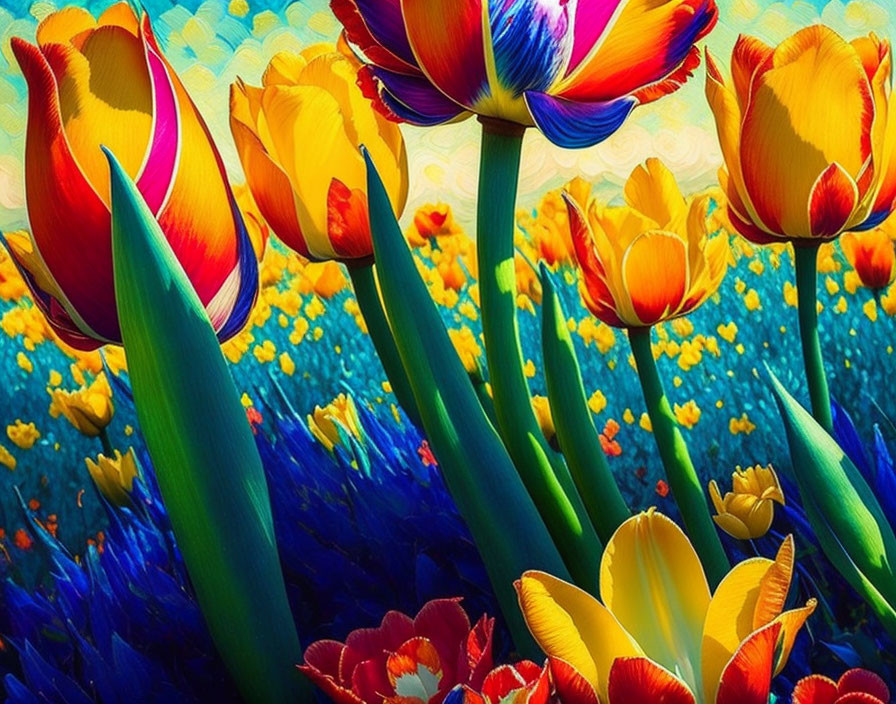 Colorful Tulips in Red, Yellow, and Blue with Lush Greenery