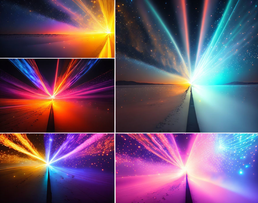 Night Sky Collage: Radiant Beams & Colorful Light Reflections on Beach