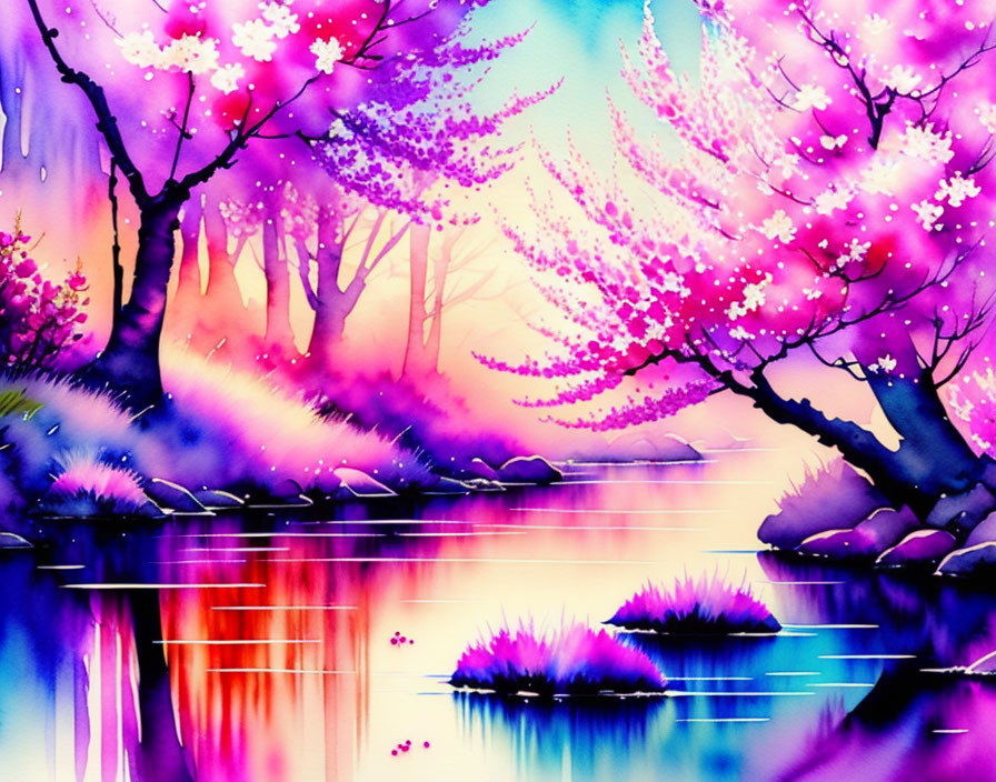 Colorful Watercolor Painting: Serene Landscape with Cherry Blossom Trees