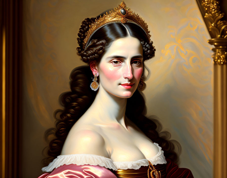 Regal woman in red dress with tiara and golden accessories