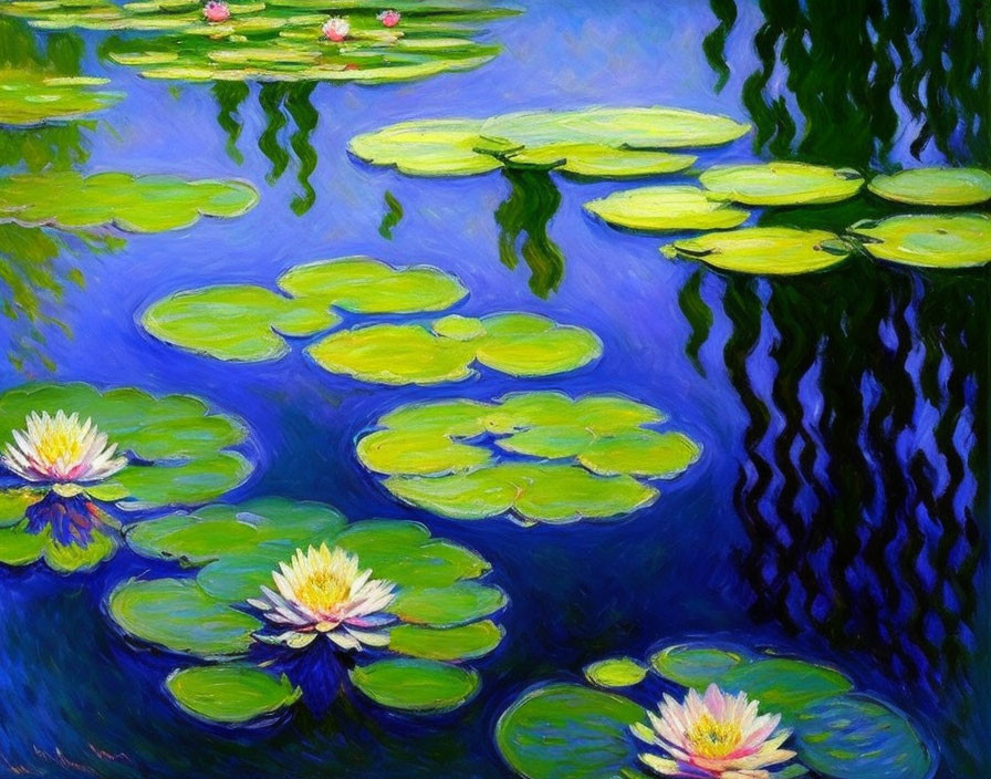 Colorful water lilies painting on blue pond with pink and white shades