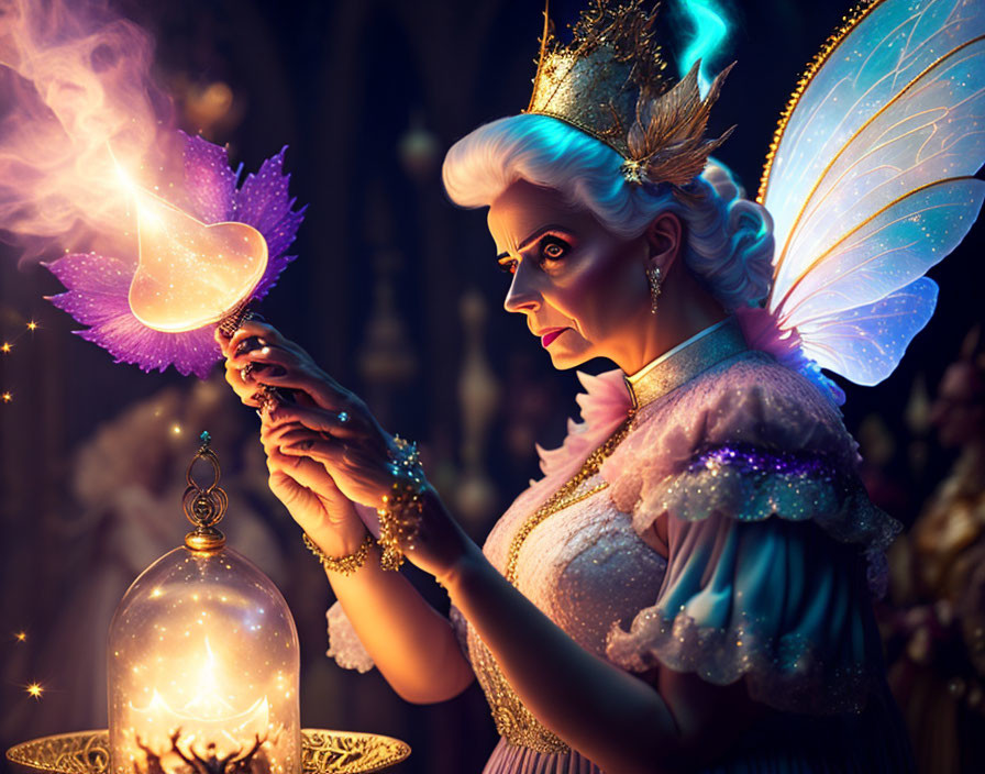 Illustrated fairy queen with magical staff and glowing light under glass bell