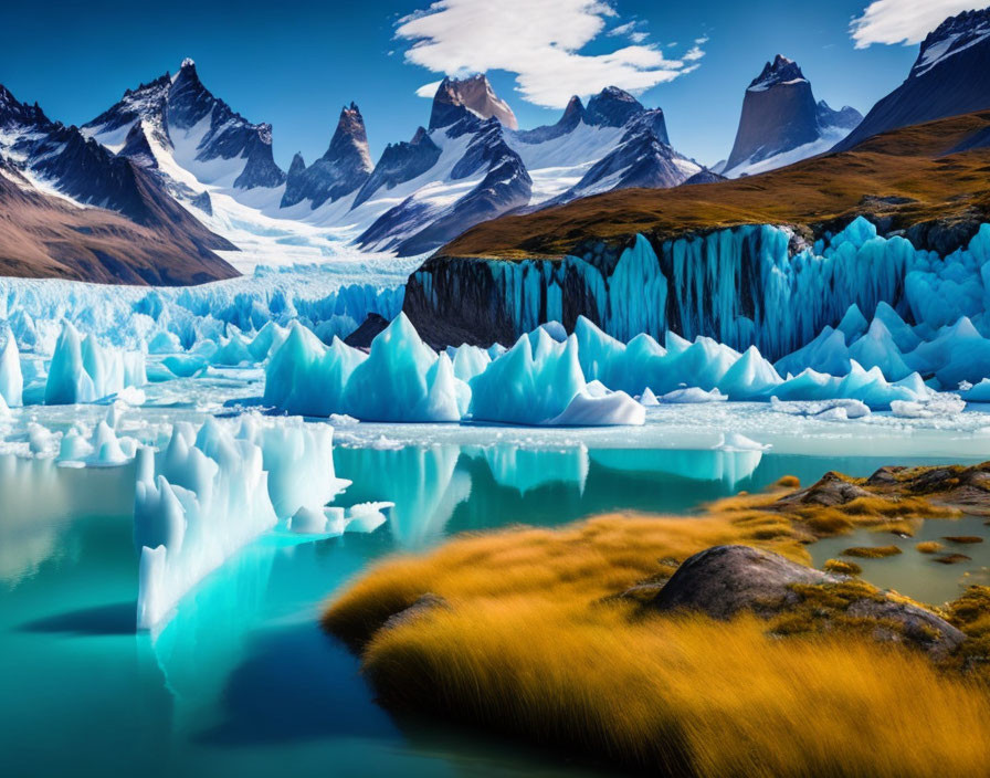 Tranquil turquoise lake with icebergs, sharp mountain peaks, golden grass