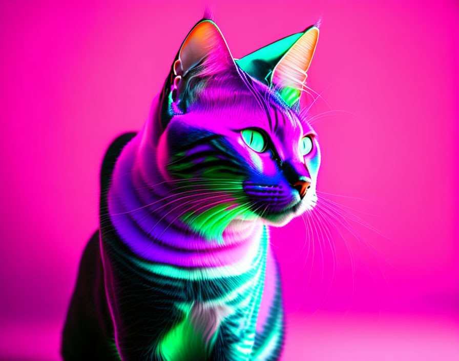 Colorful Cat with Neon Pink and Green Hues in Party Hat on Pink Background