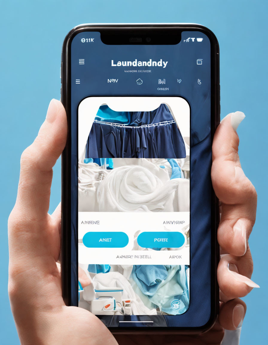 Person holding smartphone with laundry service app open, displaying clothes washing options