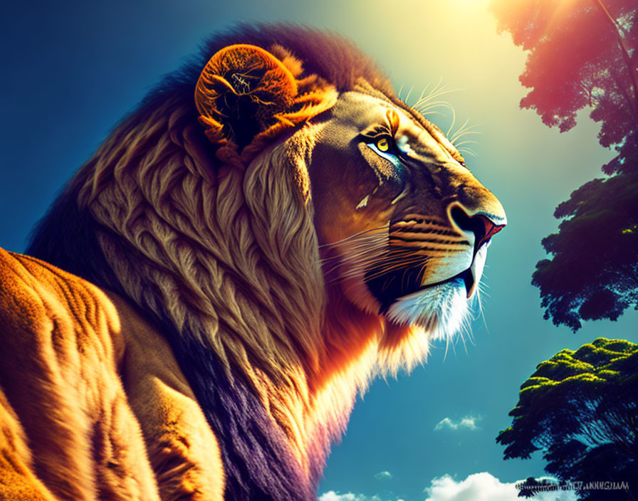 Majestic lion with radiant mane against vivid sky and lush trees