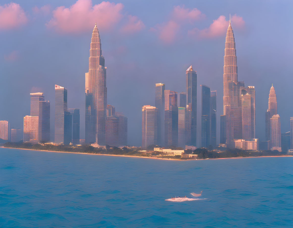 City skyline with misty skyscrapers and calm sea at twilight