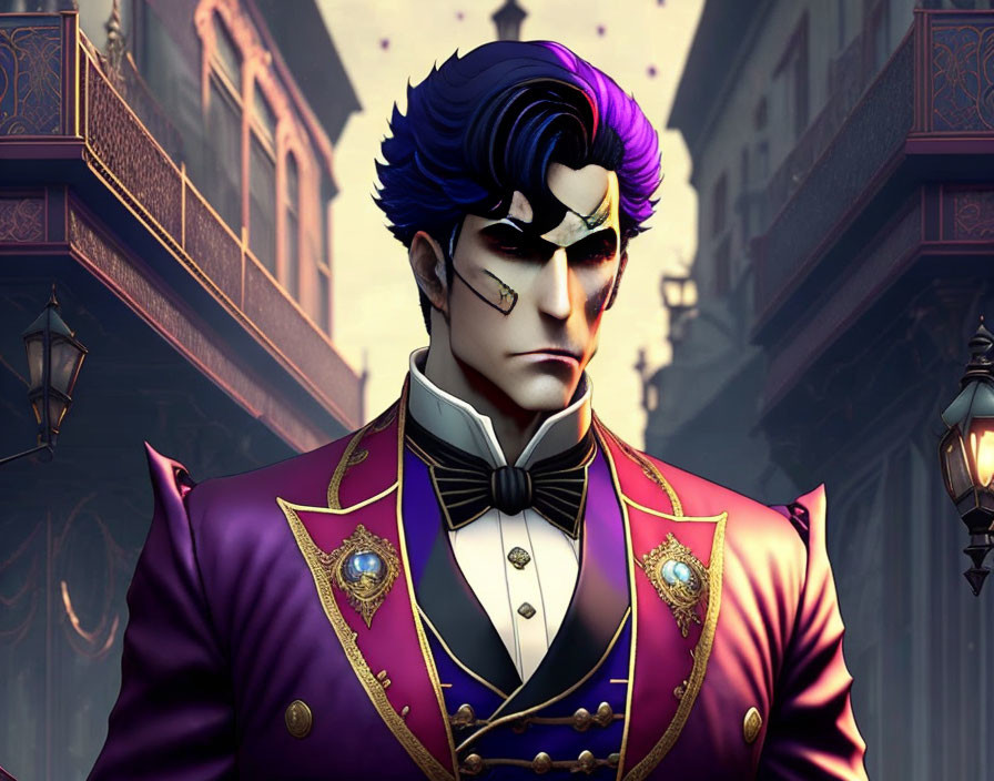 Animated character with blue pompadour and purple suit.