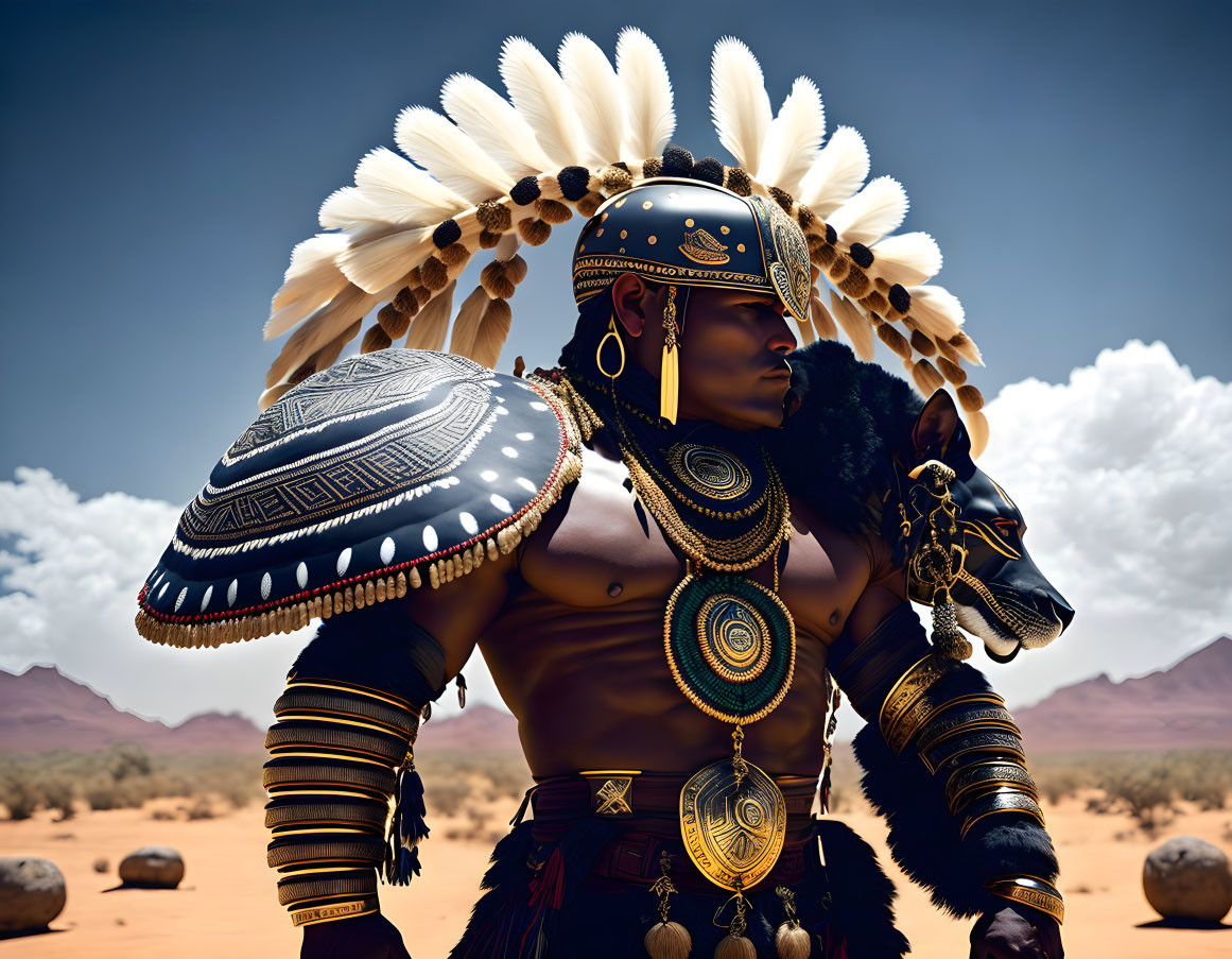 Elaborate tribal attire with feather headdress in desert landscape