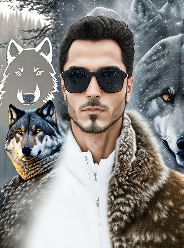 Stylized portrait of a man with beard and sunglasses, featuring wolves and forest backdrop.