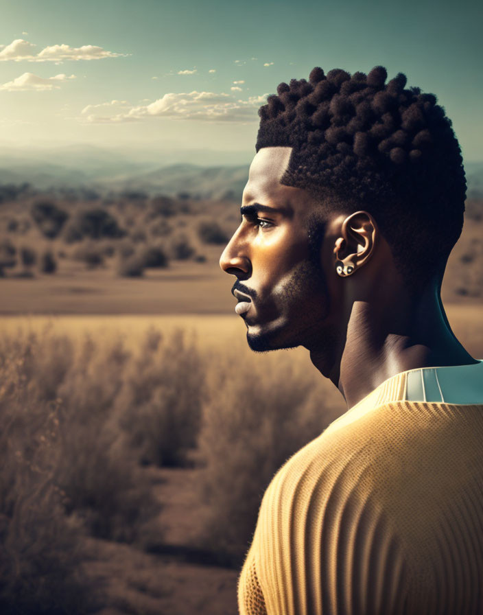 Man with Trimmed Beard and Afro Hairstyle in Profile View against Desert Landscape