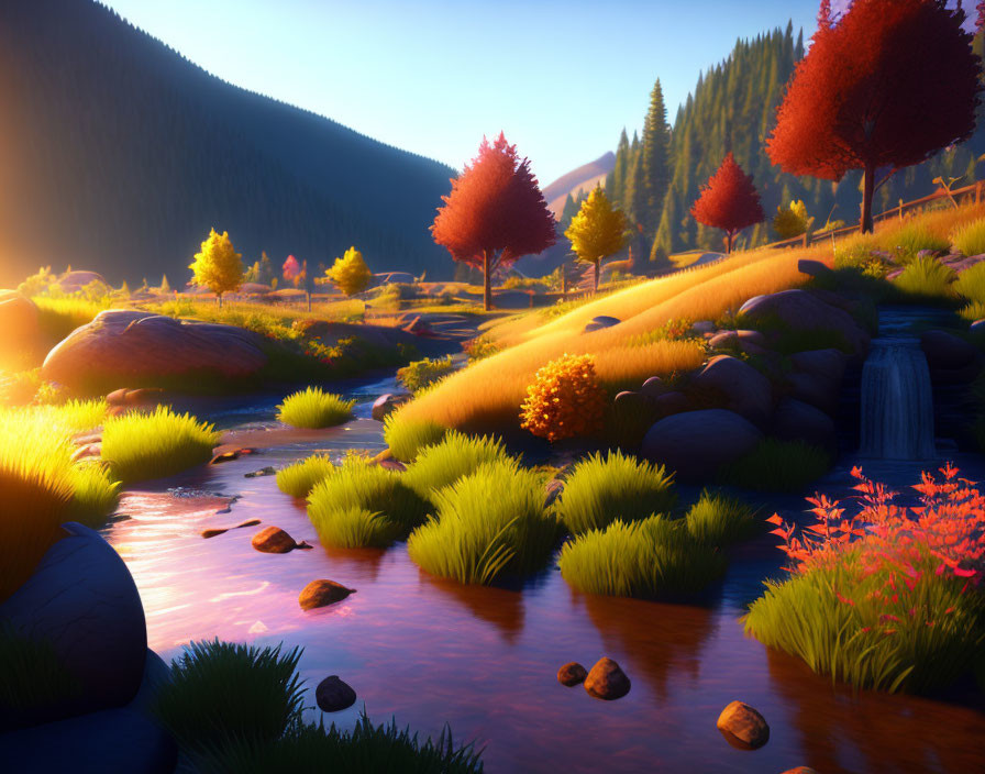 Tranquil animated scene of flowing stream surrounded by autumn trees