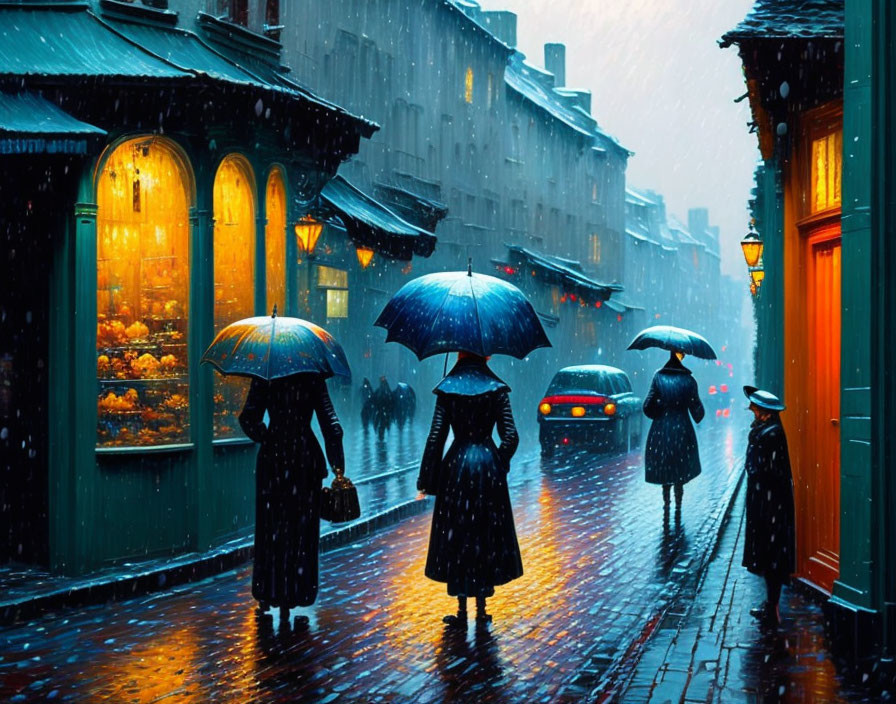 Rainy Evening: People with Umbrellas on Charming City Street