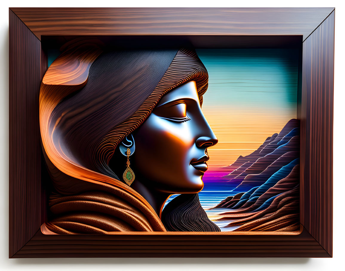 Colorful surreal portrait of a serene woman in profile against a coastal landscape.