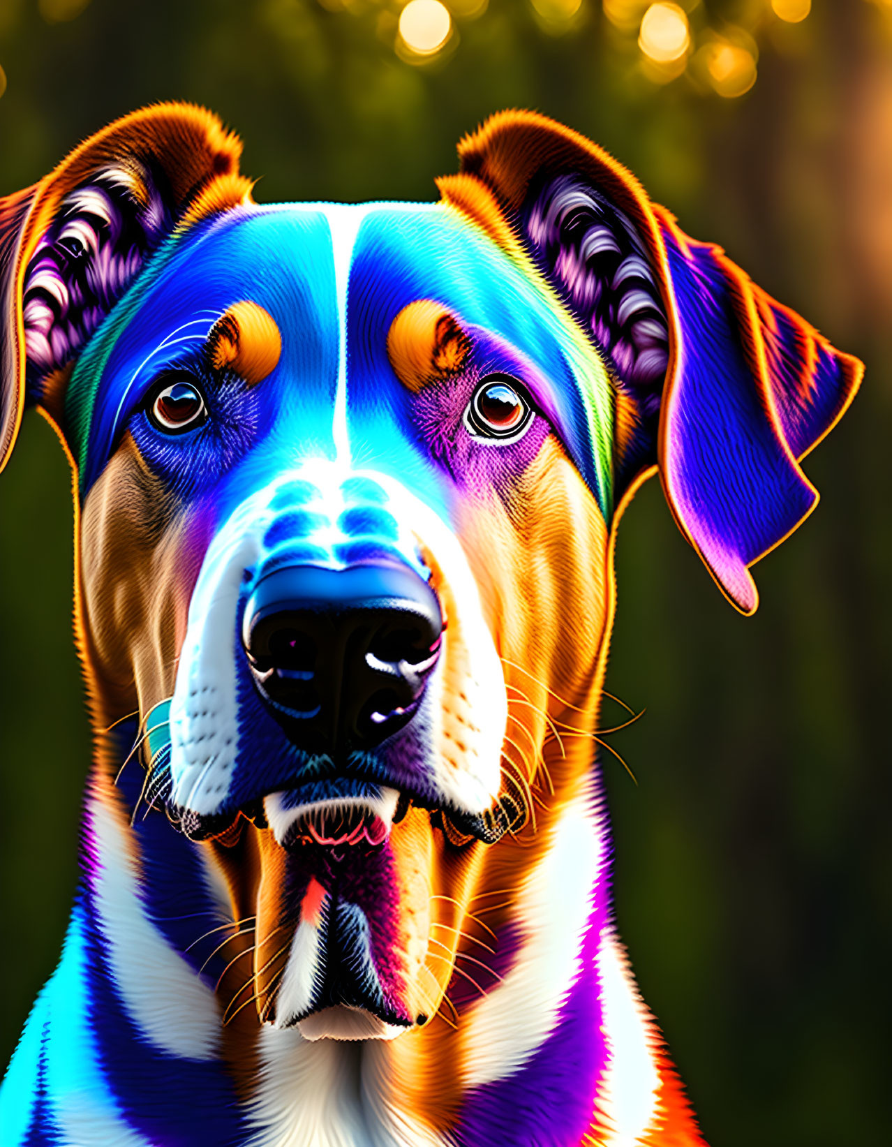 Colorful Neon-Hued Dog Portrait on Bokeh Background