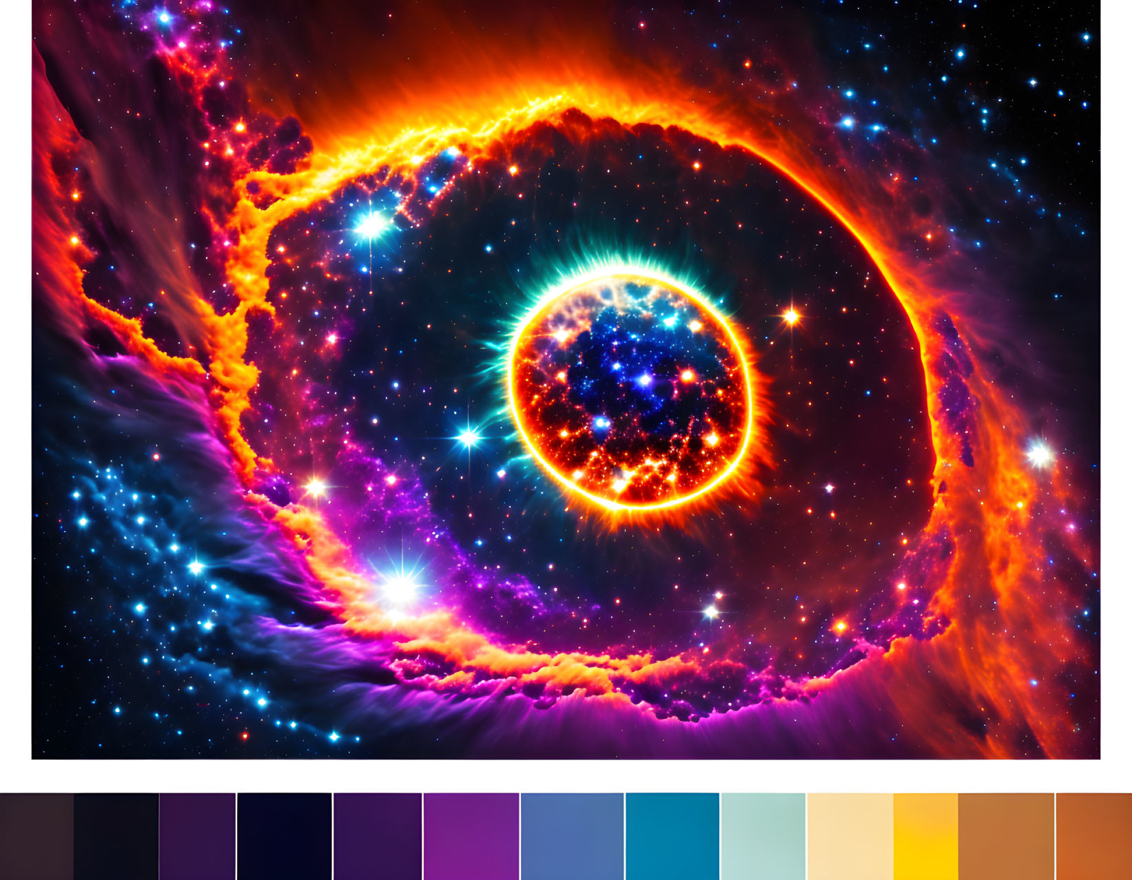 Circular Nebula with Vibrant Red, Orange, Purple, and Blue Hues