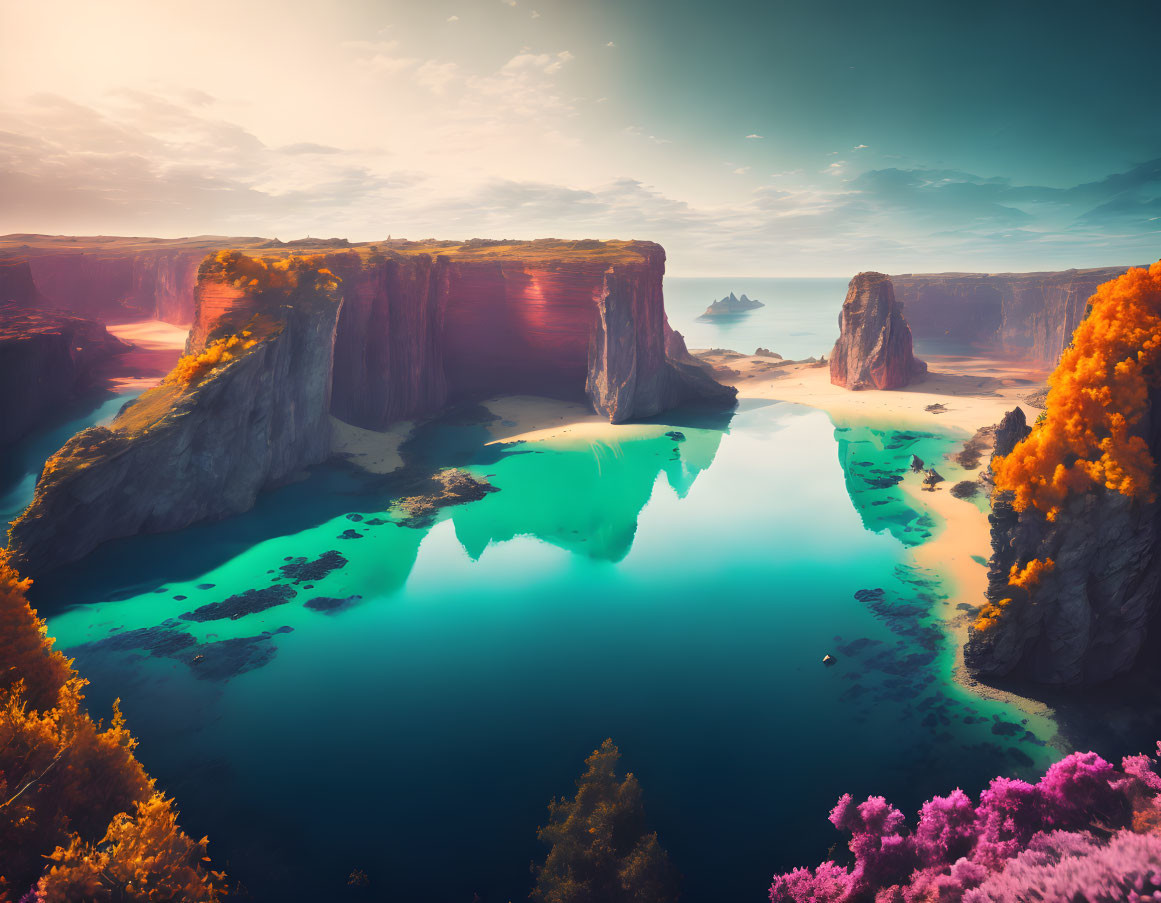 Tranquil scene: red cliffs, turquoise lake, golden light, colorful foliage