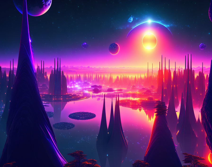 Sci-fi landscape with spire-like structures and celestial bodies in purple and blue sky