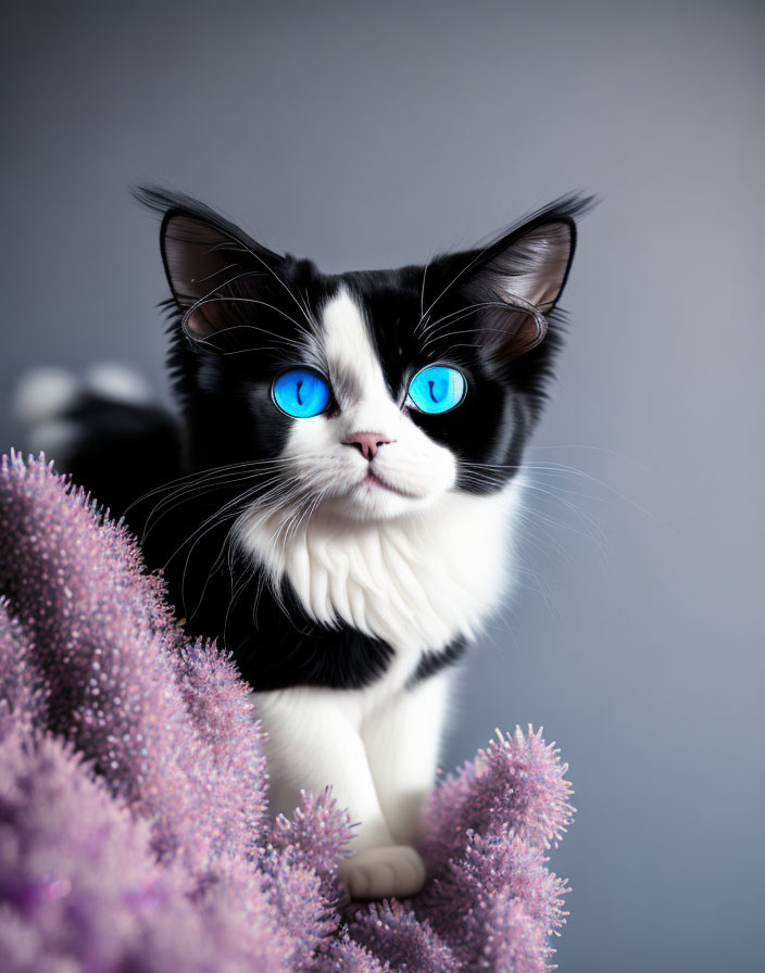 Striking blue-eyed black and white cat among purple flowers on grey background