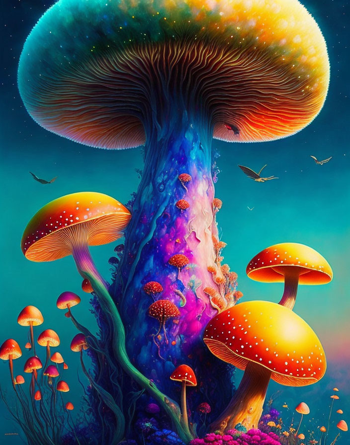 Colorful psychedelic mushroom forest with glowing insects and tall central mushroom.