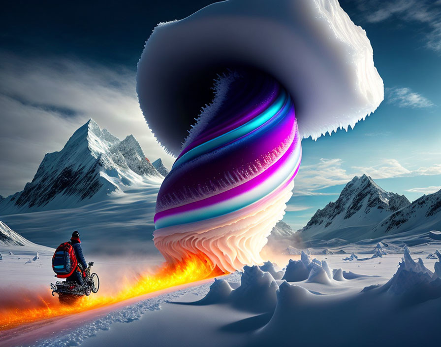 Snowmobile racing towards swirling vortex in snowy mountain landscape