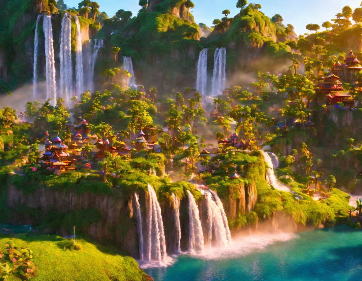 Majestic waterfalls, lush vegetation, and traditional cliffside houses in vibrant landscape