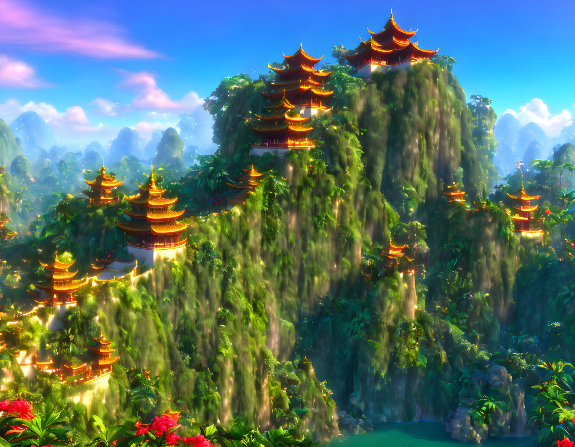 Traditional pagoda-style buildings on lush green mountaintops under clear blue sky