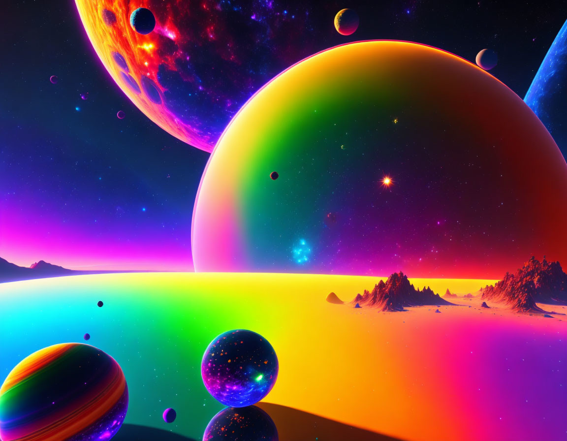 Colorful planets, stars, and psychedelic nebula in surreal alien landscape