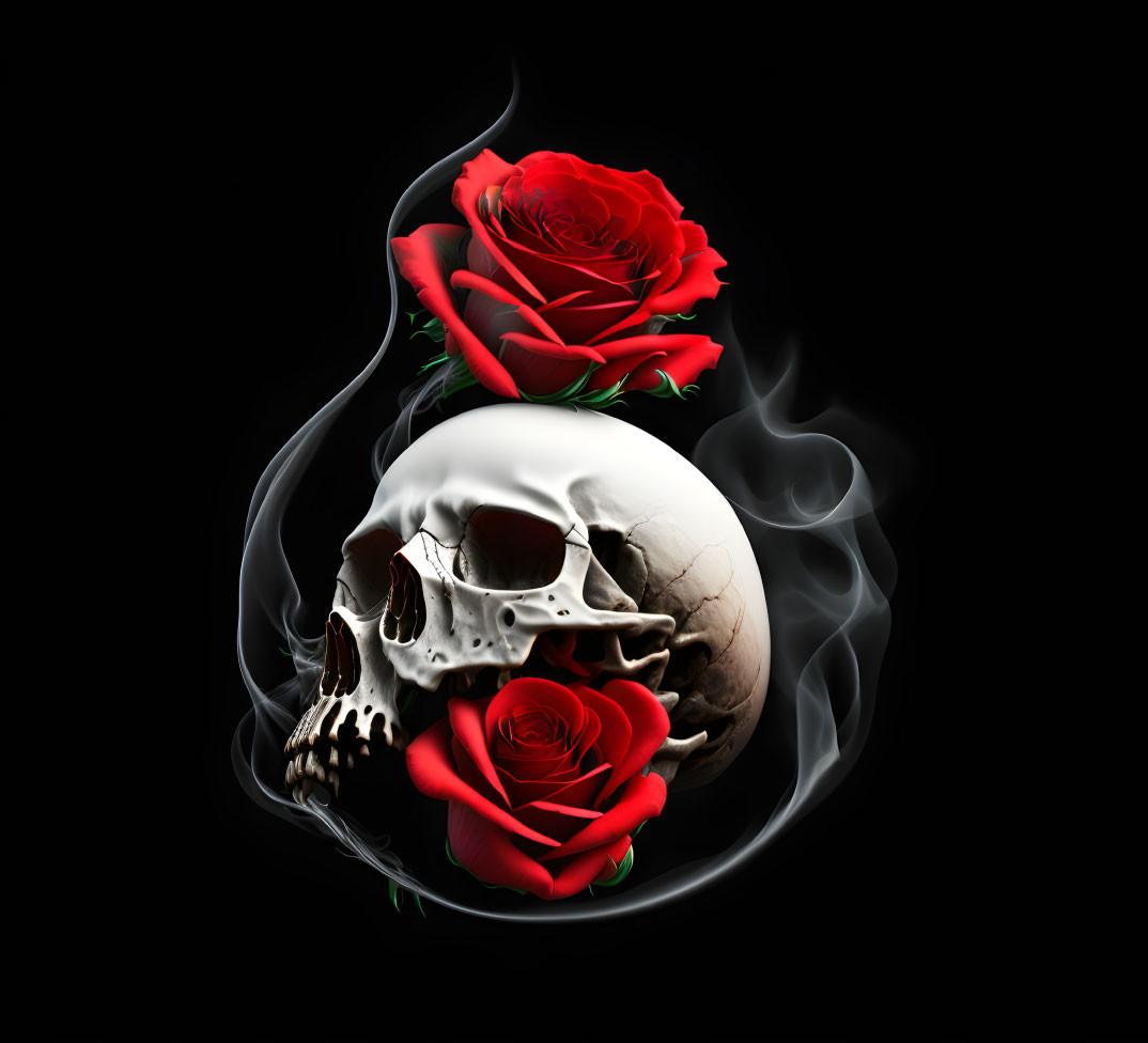 Digital Artwork: Human Skull, Ethereal Smoke, Red Roses on Black