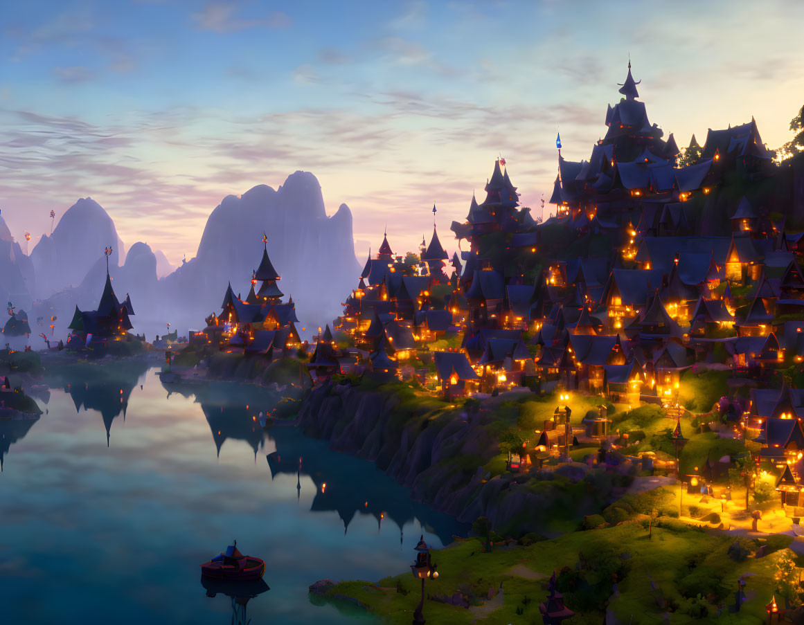 Serene fantasy village with traditional houses on cliffside by calm lake