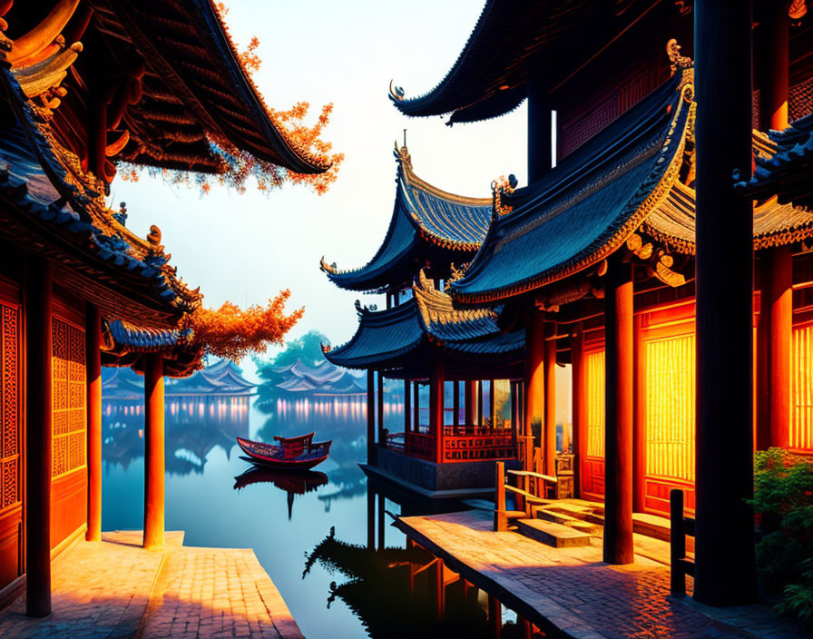 Ornate Traditional Chinese Architecture by Tranquil Lake at Sunset