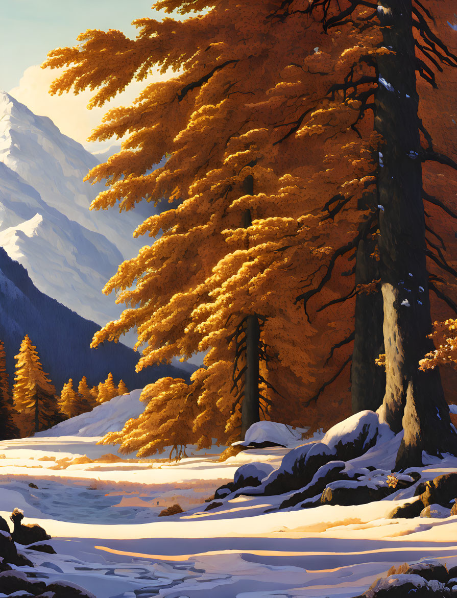 Golden foliage and snow-covered mountains in autumn forest scene